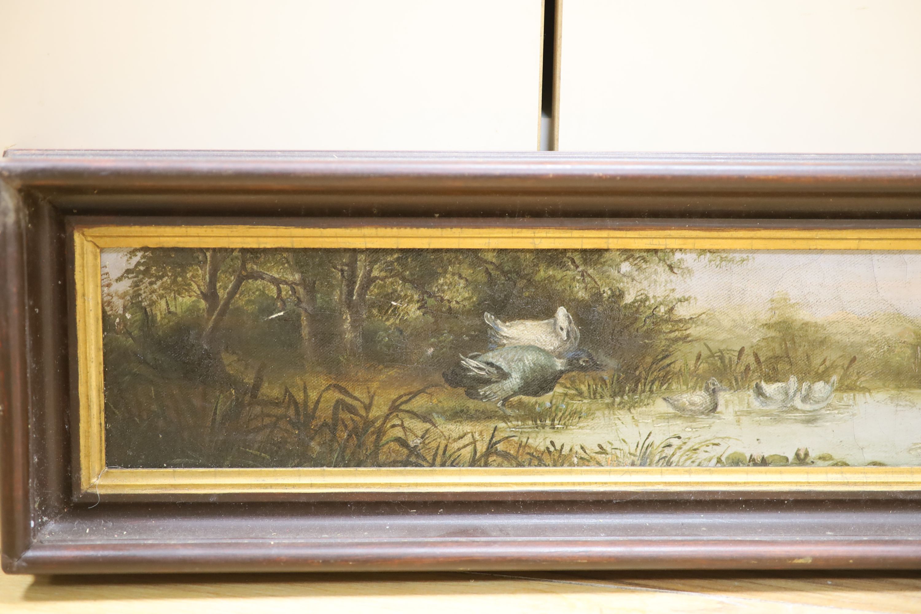 P. Allison Ball, oil on canvas, Waterbirds upon a pond, indistinctly signed, 9 x 84cm